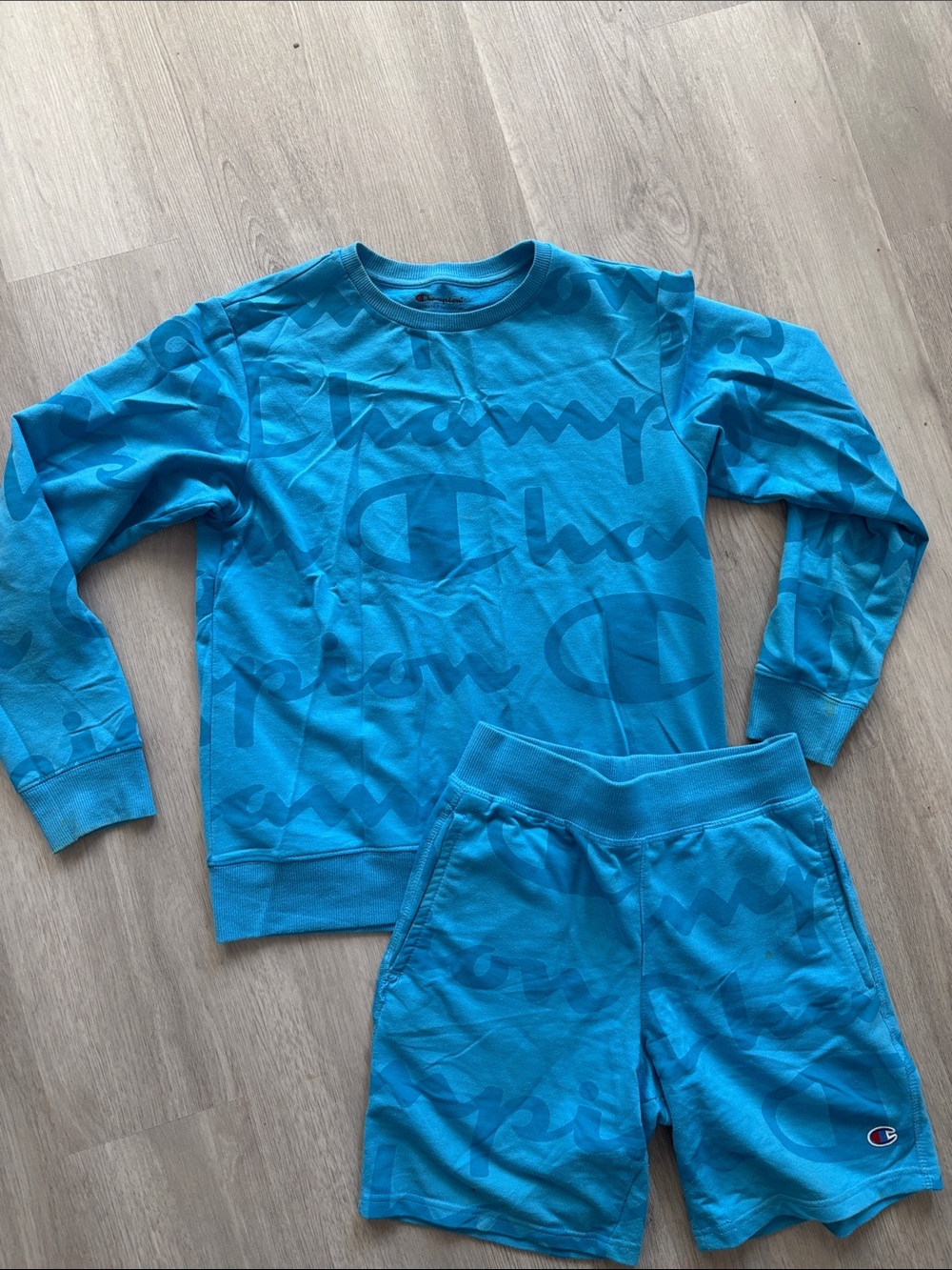 Champion Teal Script Logo Sweatshirt & Shorts Set